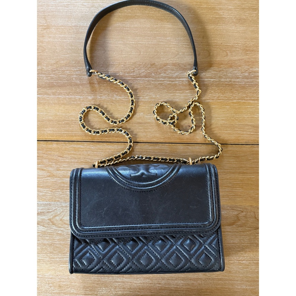 Tory Burch Black Quilted Leather Fleming Convertible Shoulder Bag Gold Hardware